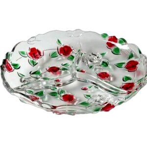 Vintage 13" MIKASA Glass Rose Garden 3 Section Divided Serving Platter